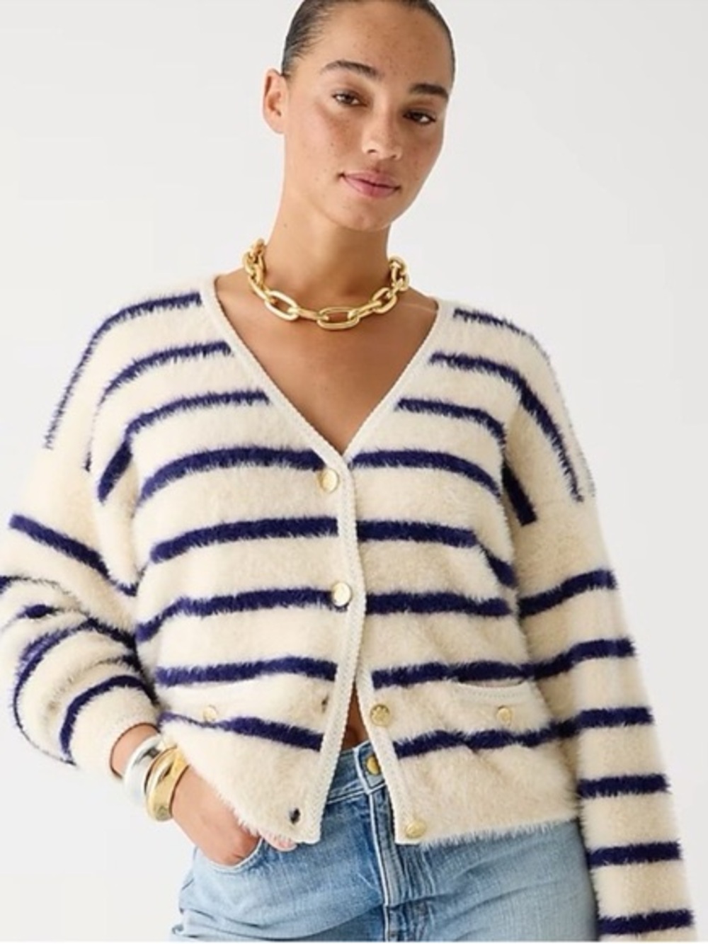 Christian Lacroix Striped V-Neck Fuzzy Cardigan Sweater - Cream & Navy Size S